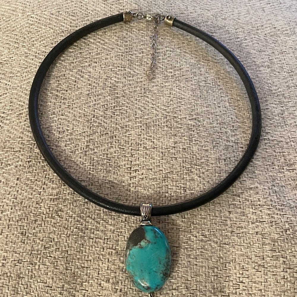 Native American Sterling Silver Turquoise Leather Necklace